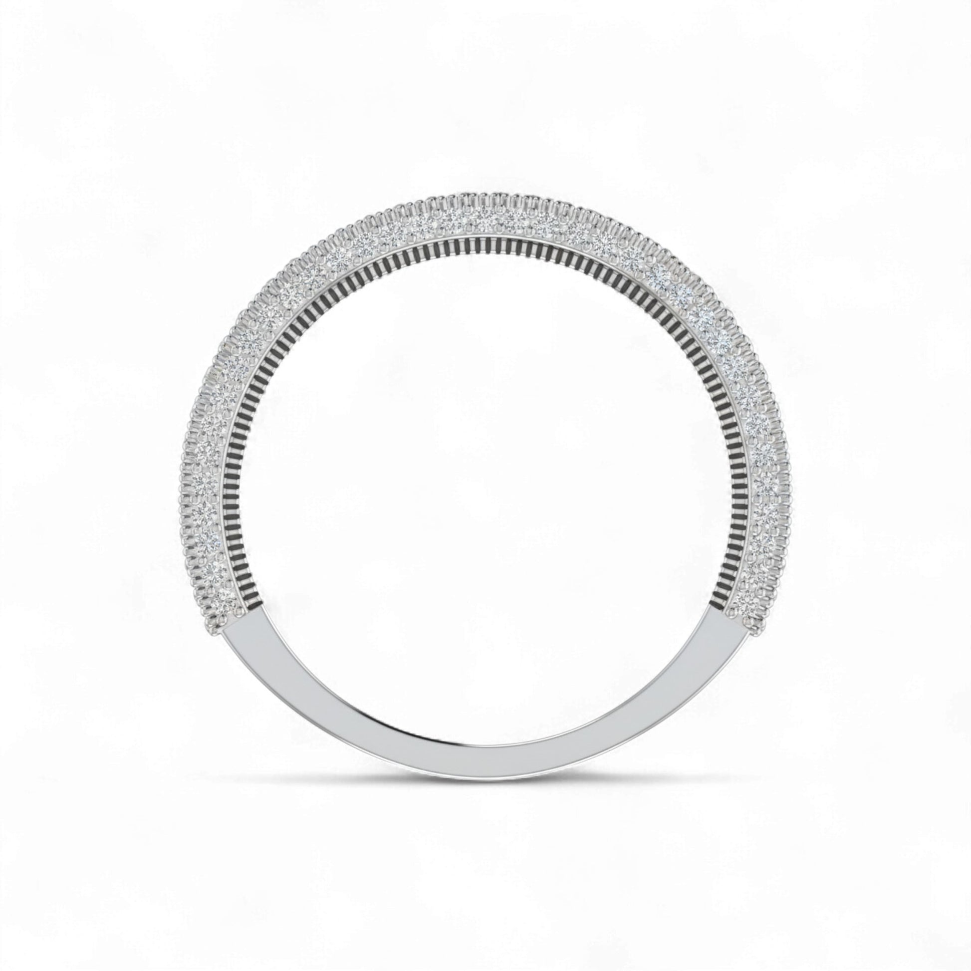 Silver ring with small diamonds on a white background