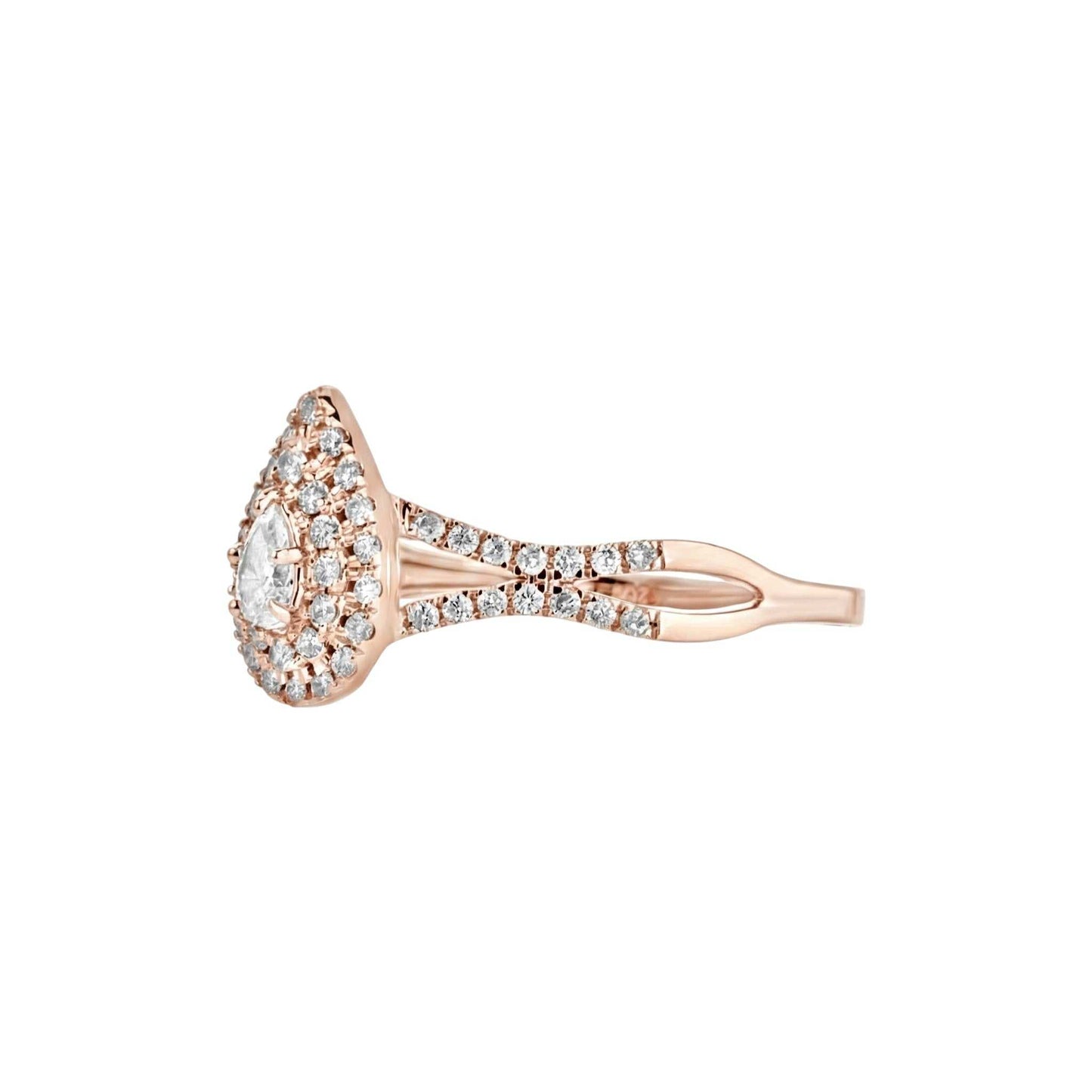 Rose gold ring with diamond accents on a white background