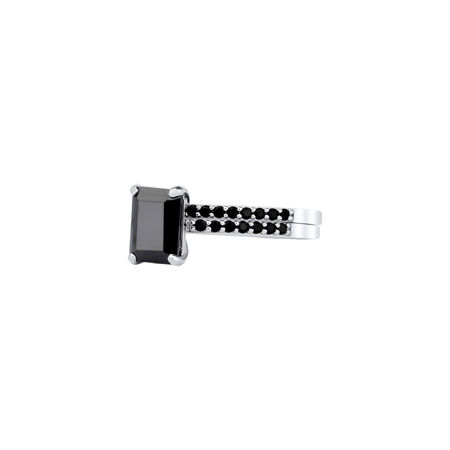 No Halo Black Emerald Cut Bridal Set in 925 Sterling Silver