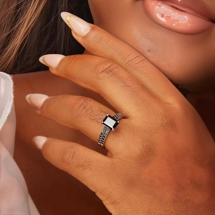 No Halo Black Emerald Cut Bridal Set in 925 Sterling Silver