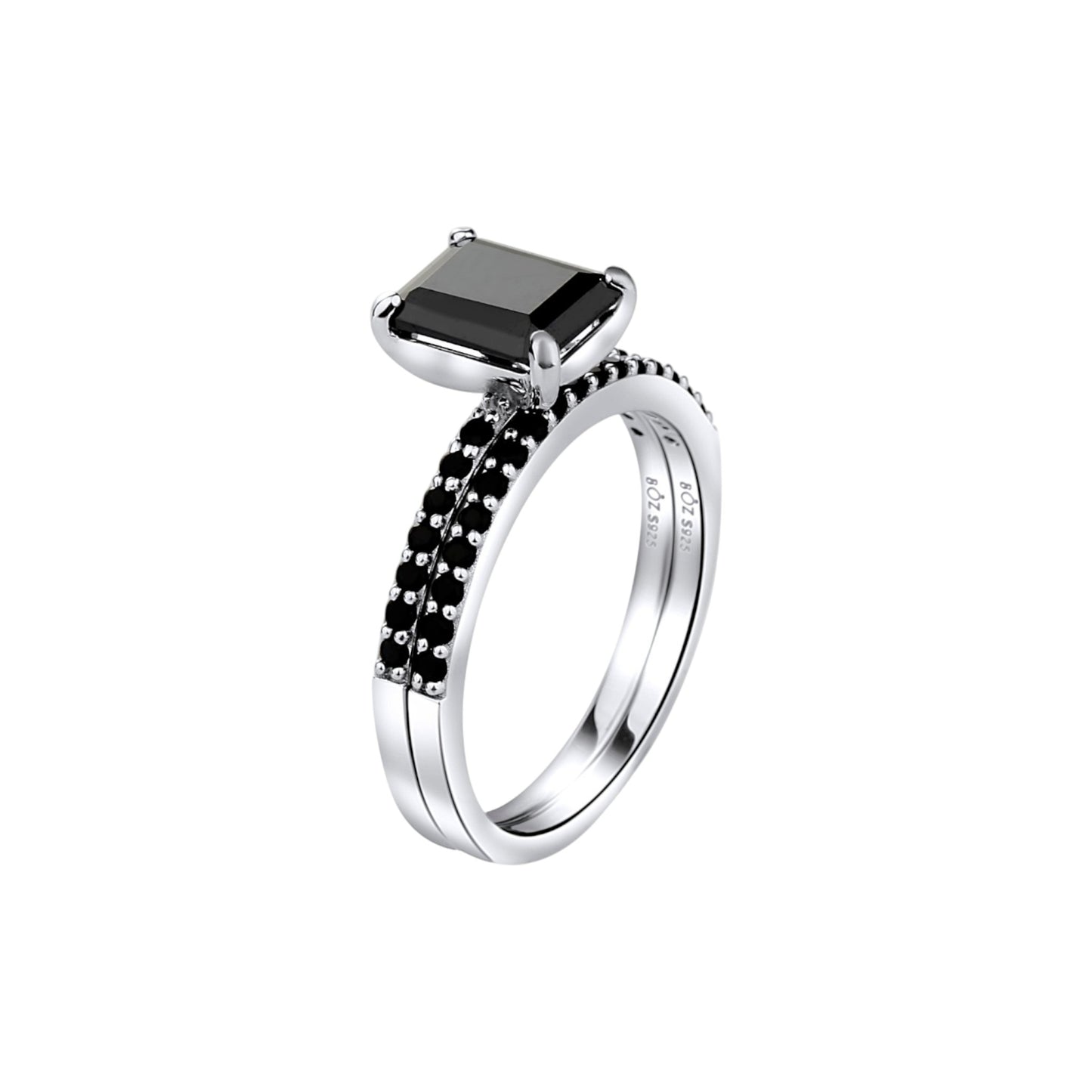 No Halo Black Emerald Cut Bridal Set in 925 Sterling Silver