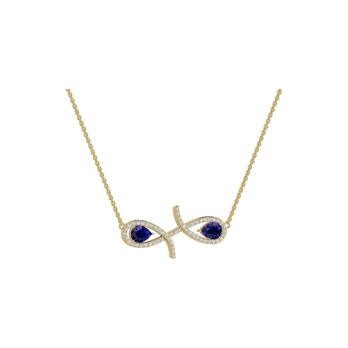 Gold necklace with a blue gemstone pendant on a white background