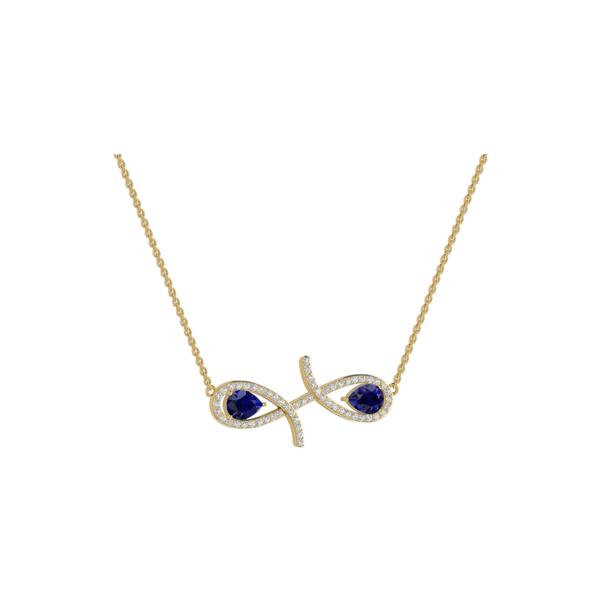 Gold necklace with a blue gemstone pendant on a white background