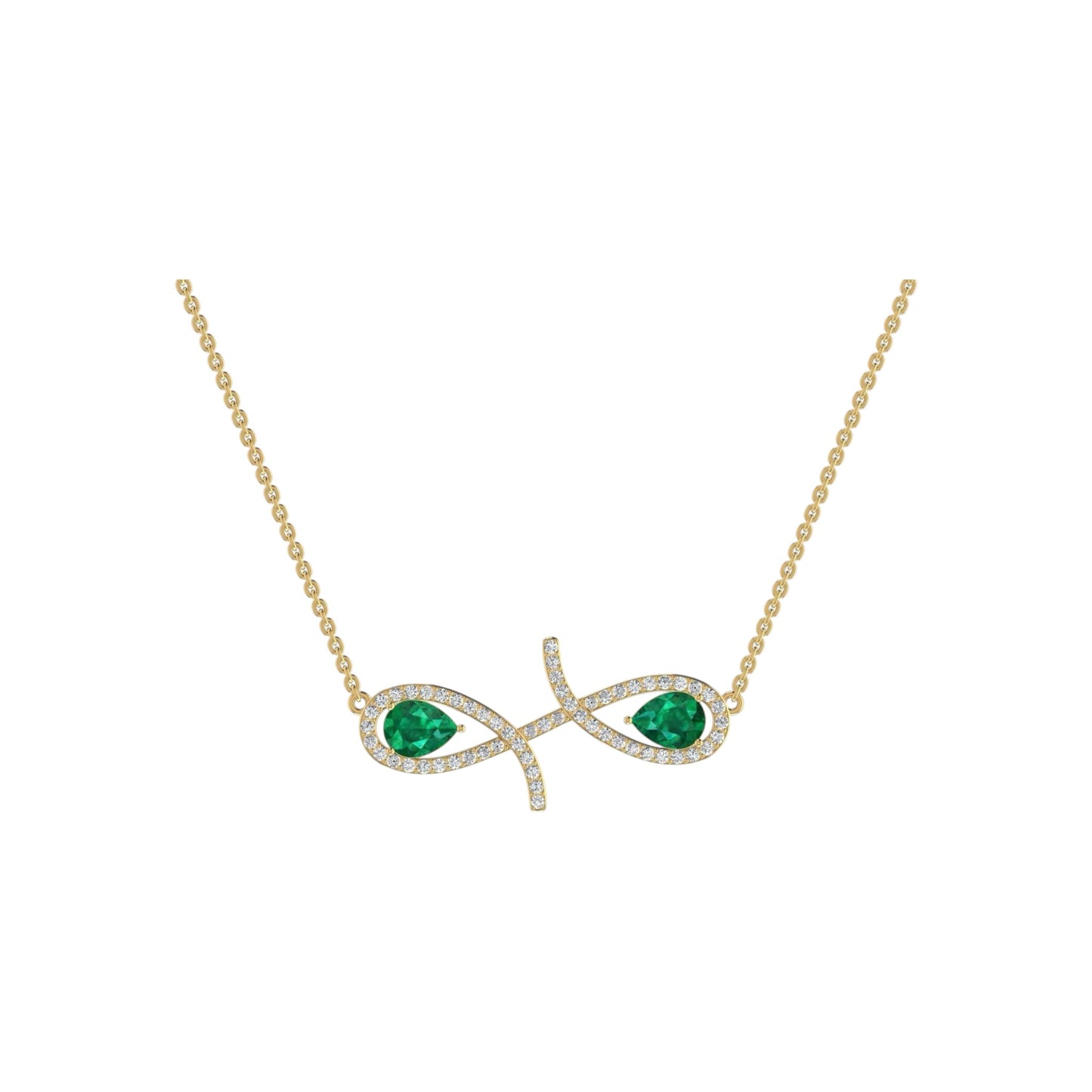 Gold necklace with emerald green gemstones on a white background