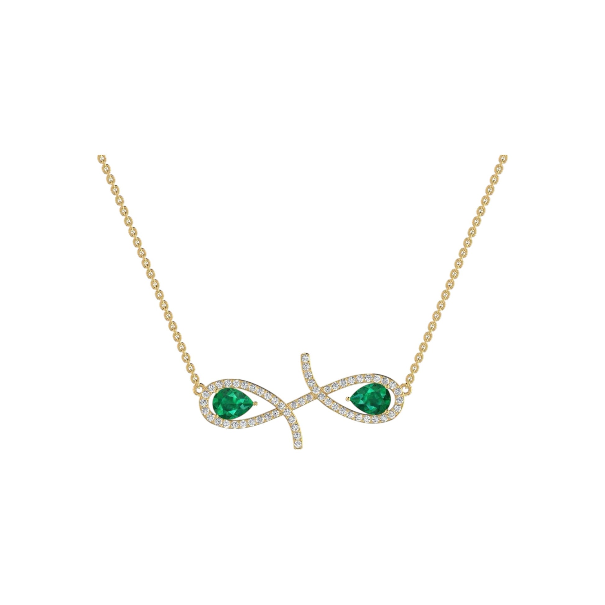 Gold necklace with emerald green gemstones on a white background