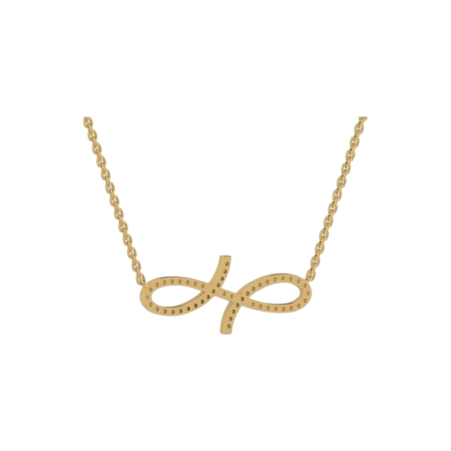 Gold necklace with a bow-shaped pendant on a white background