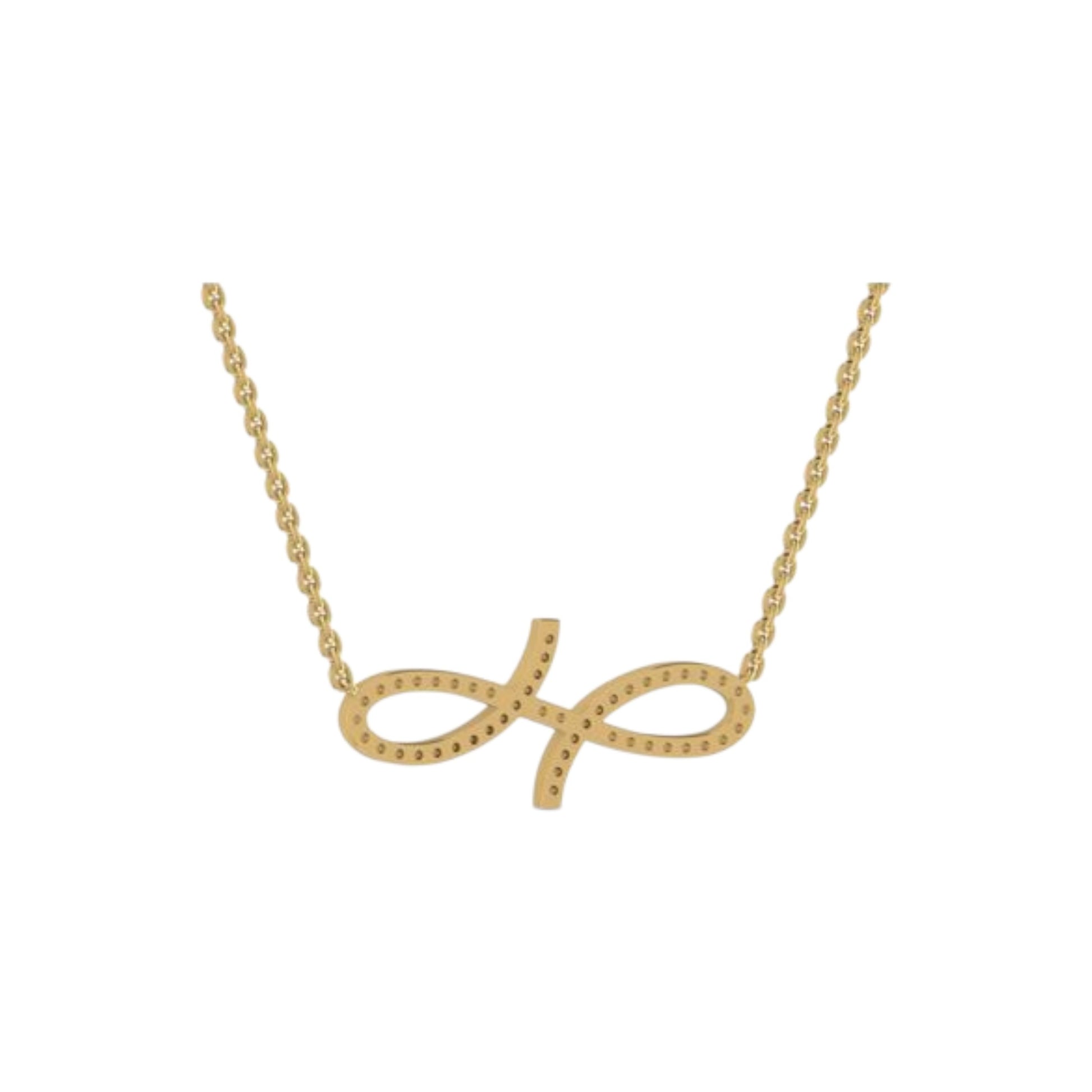 Gold necklace with a bow-shaped pendant on a white background