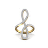 A ring with a complex design, featuring 18 karat gold with a pave diamond band.