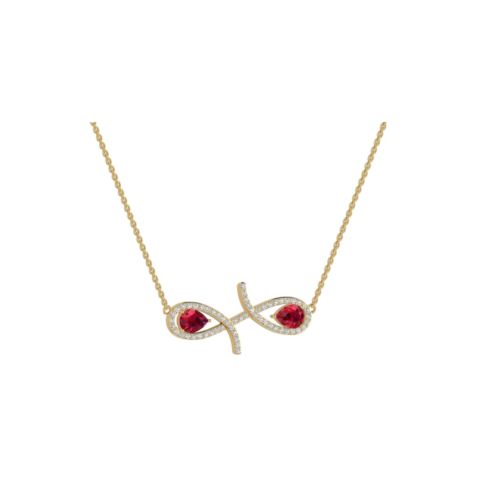 Gold necklace with a fish-shaped pendant featuring red stones on a white background