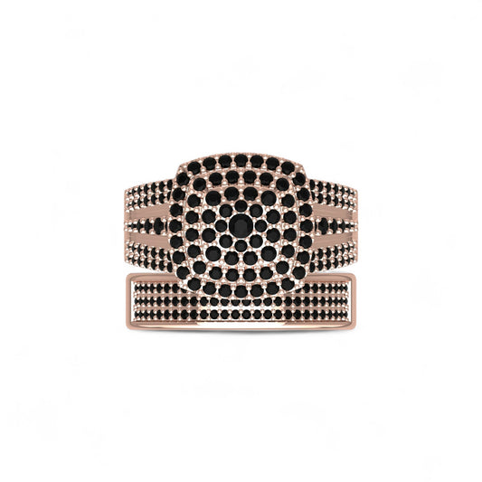 Decorative belt with black and rose gold design on a white background