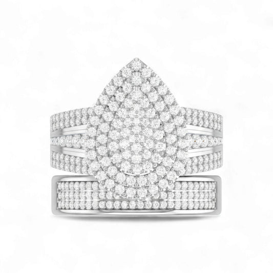 Diamond ring with a pear-shaped center stone on a white background