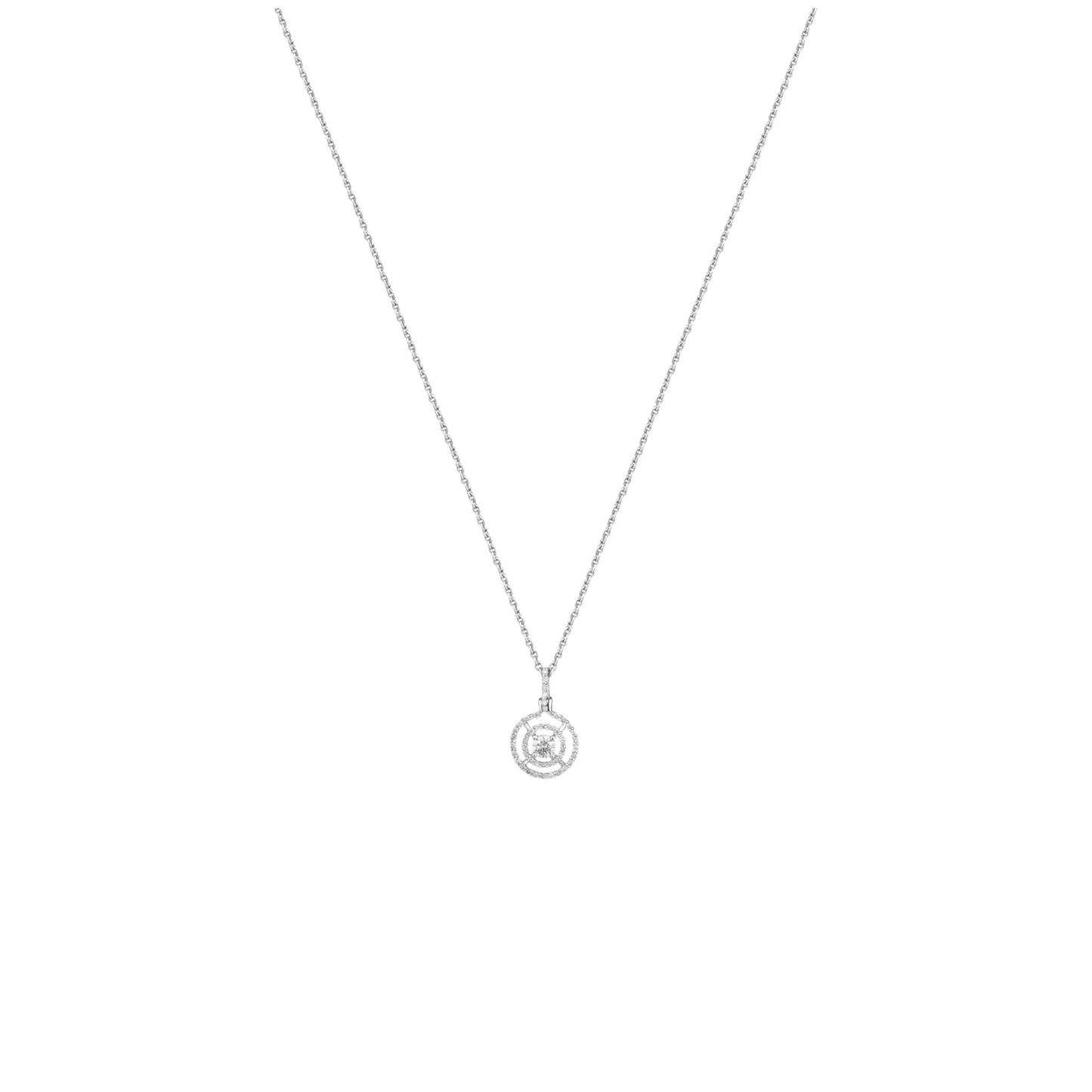 Orbit Natural Diamond Necklace in 18KT gold with round center diamond and orbiting diamond accents