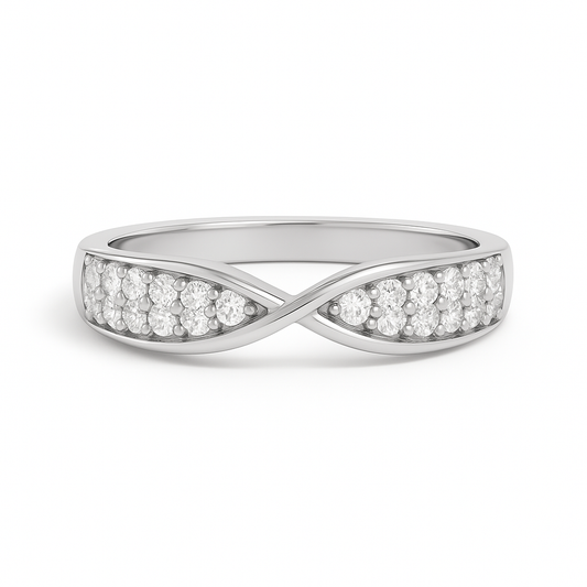 Silver ring with diamond accents on a white background