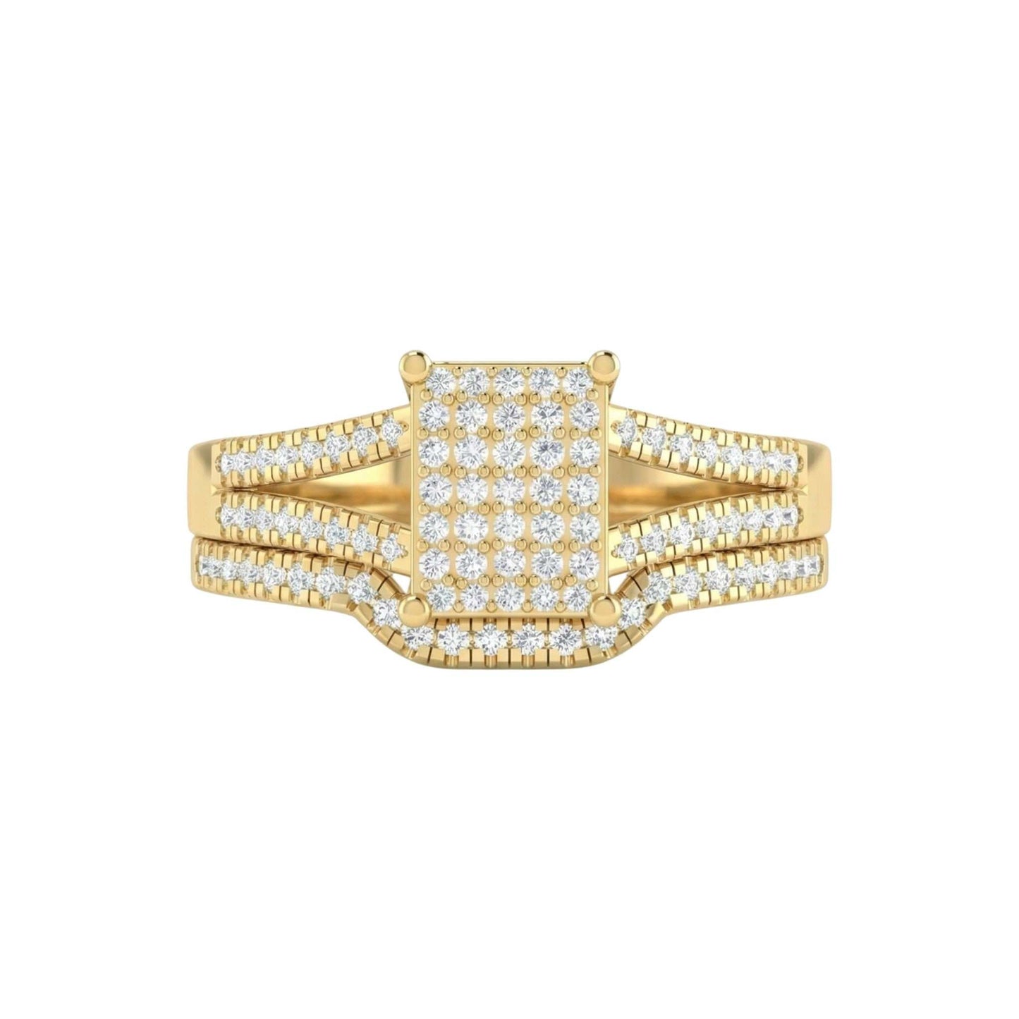 Gold ring with diamond accents on a white background