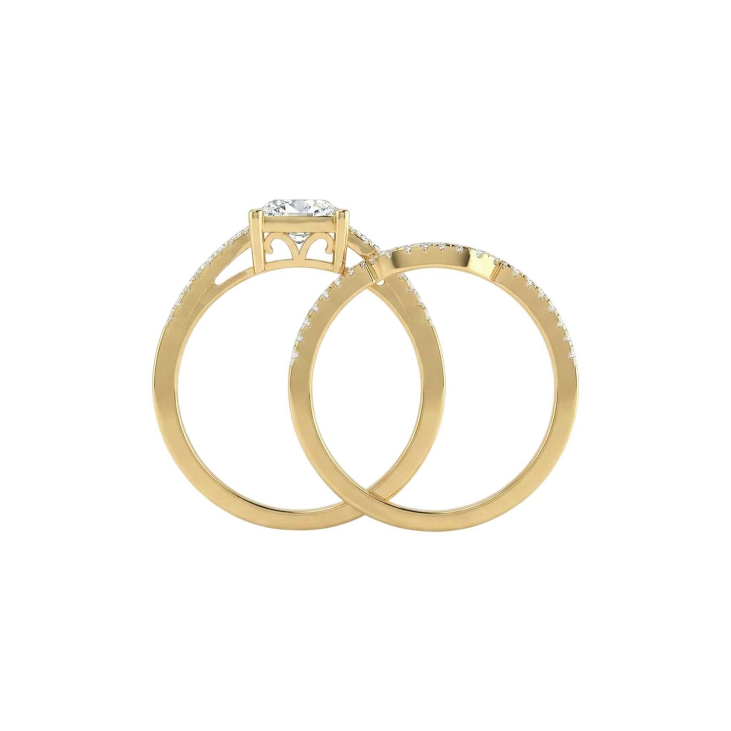 Two gold rings with diamond accents on a white background