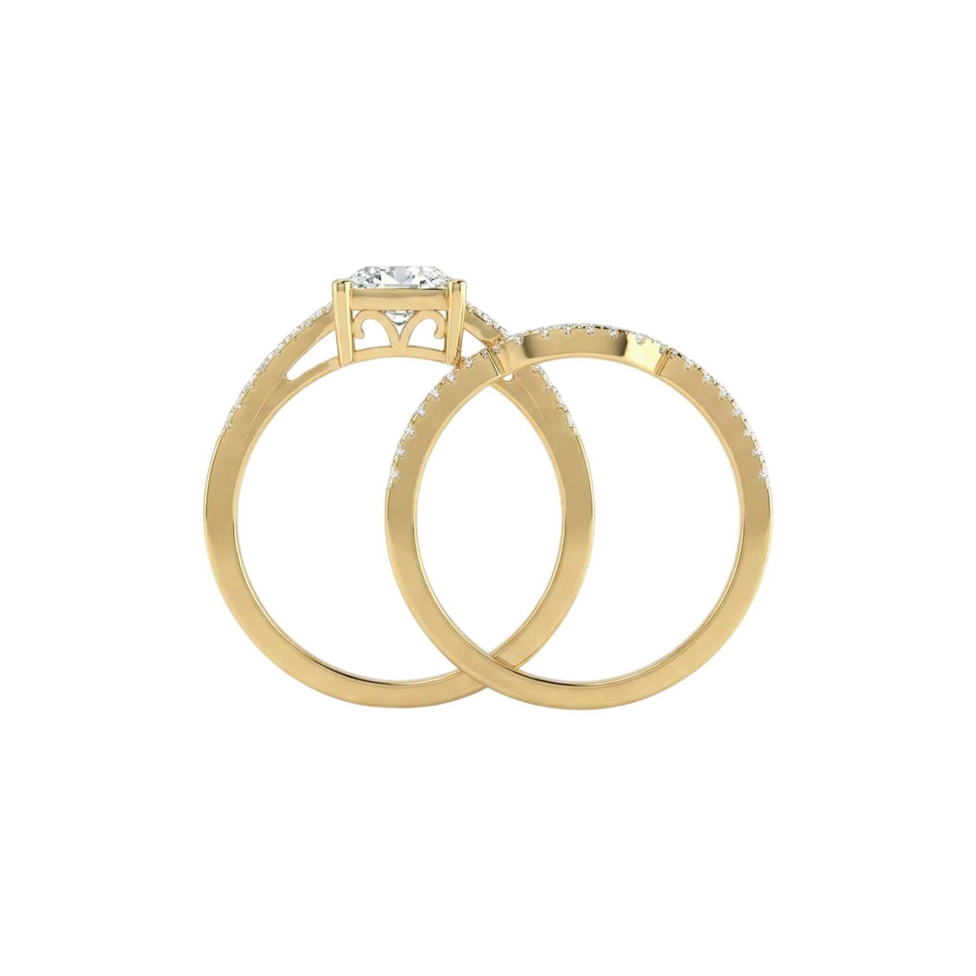 Two gold rings with diamond accents on a white background