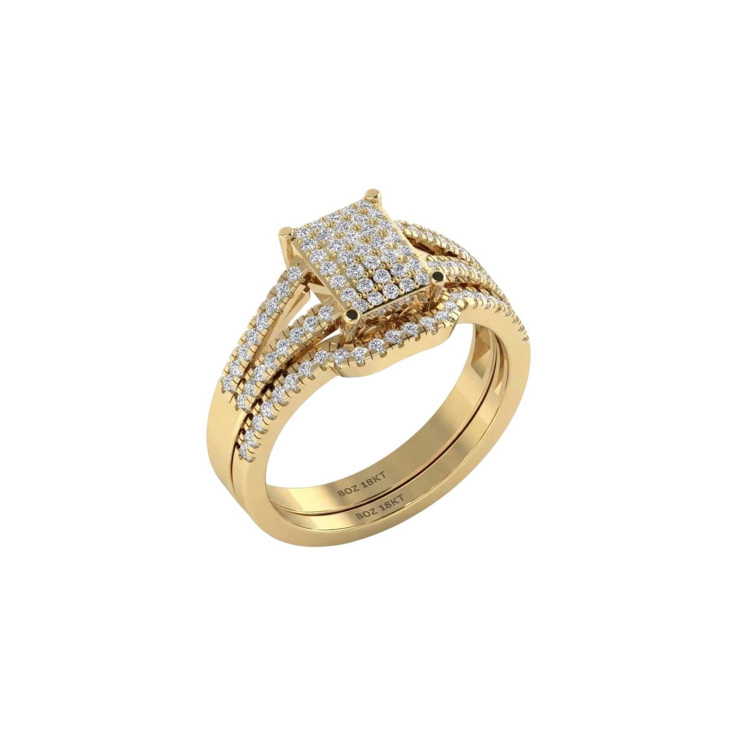 Gold ring with diamond accents on a white background