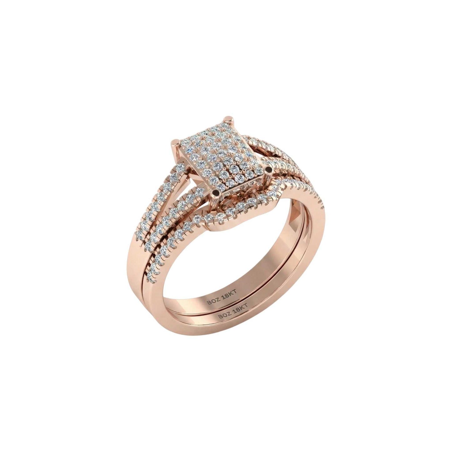 Rose gold ring with diamond accents on a white background