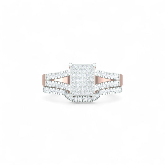 Rose gold and silver ring with diamond accents on a white background