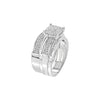 Silver ring with diamond accents on a white background