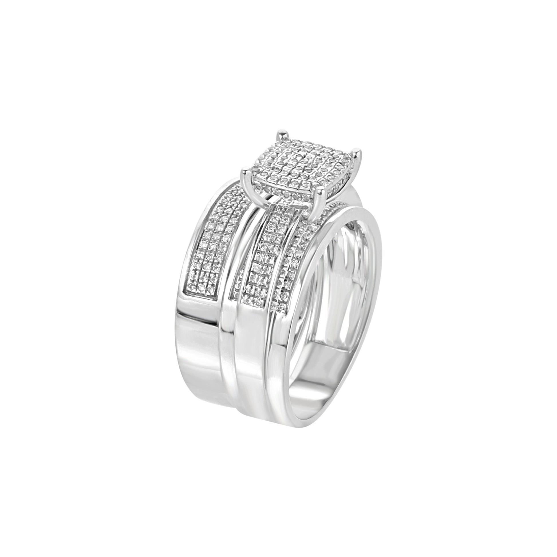 Silver ring with diamond accents on a white background