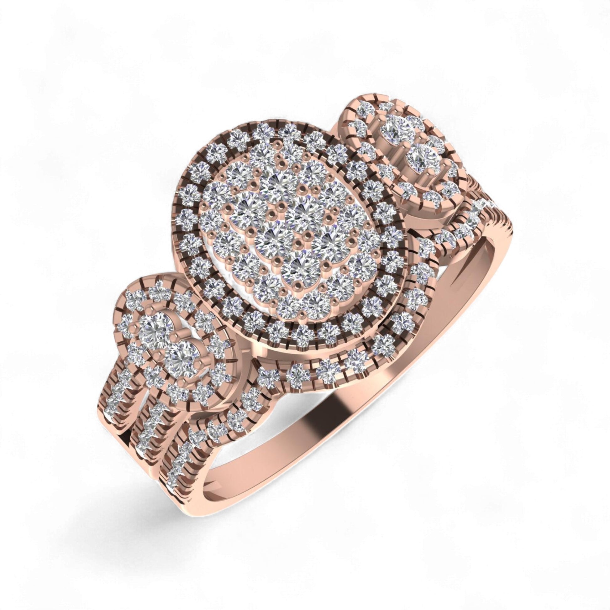 Rose gold ring with diamond accents on a white background