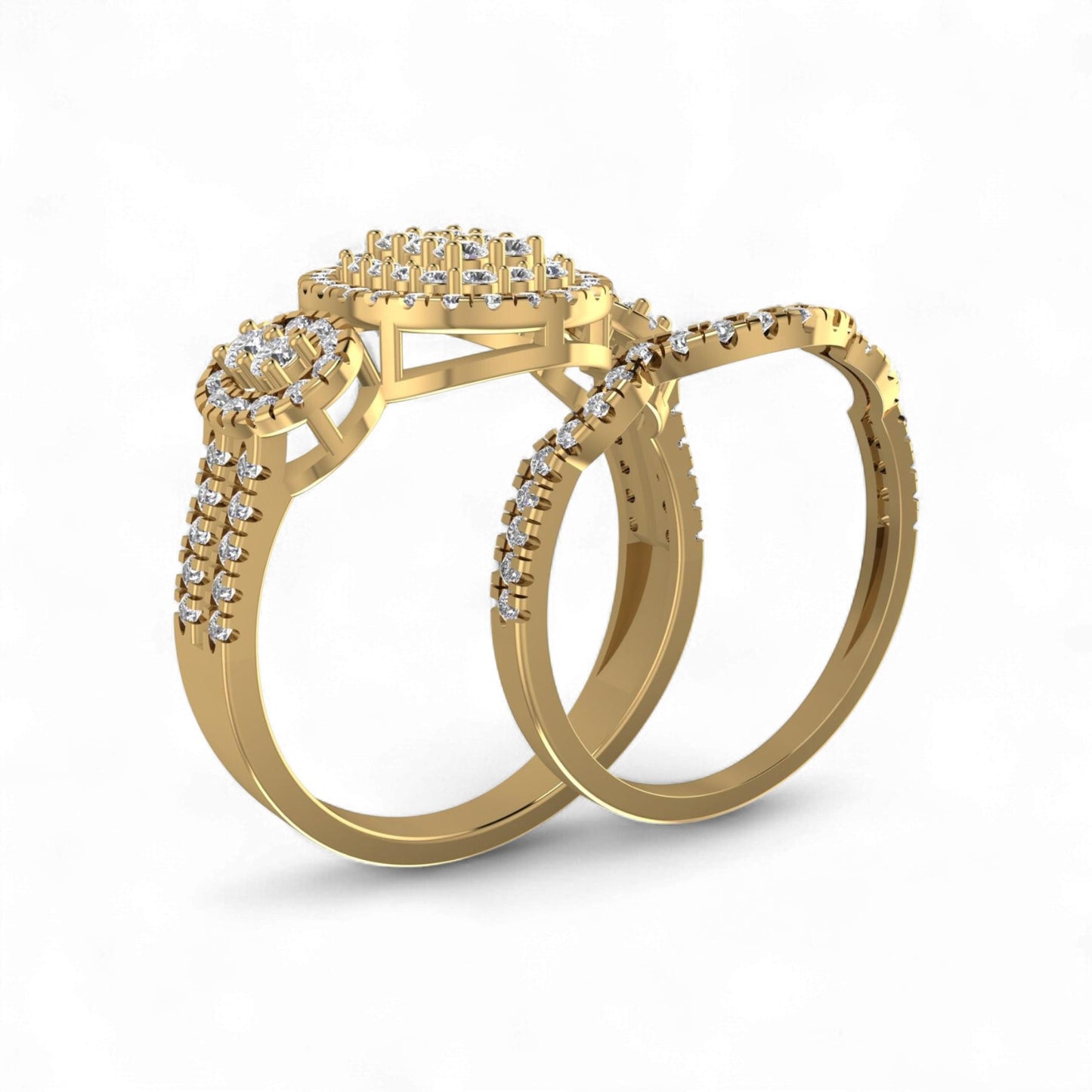 Two gold rings with diamond accents on a white background