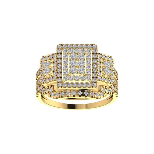 Gold ring with diamond accents on a white background