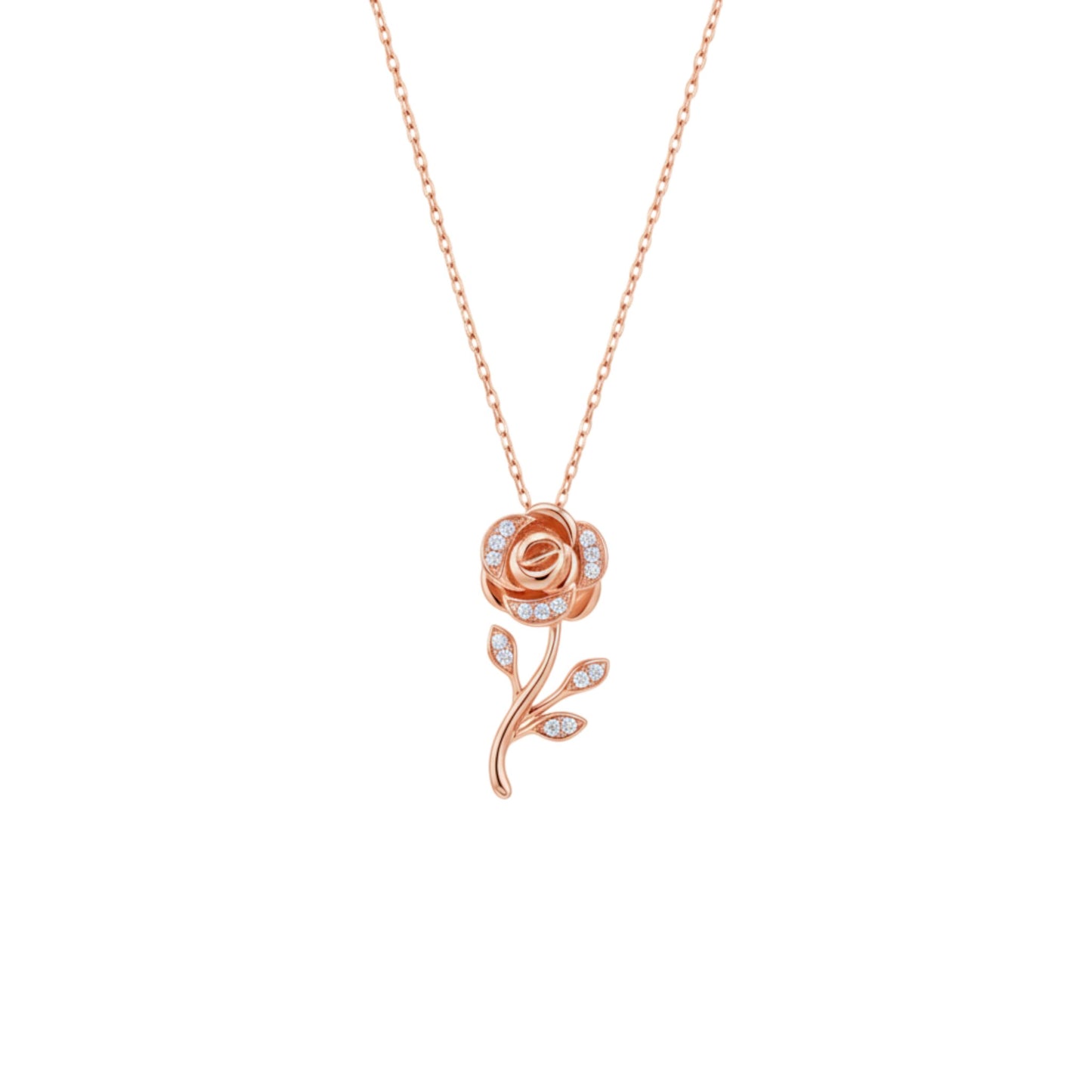 Rose gold rose-shaped pendant necklace on a white background