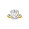 Gold ring with emerald-cut diamond and smaller diamonds on a white background
