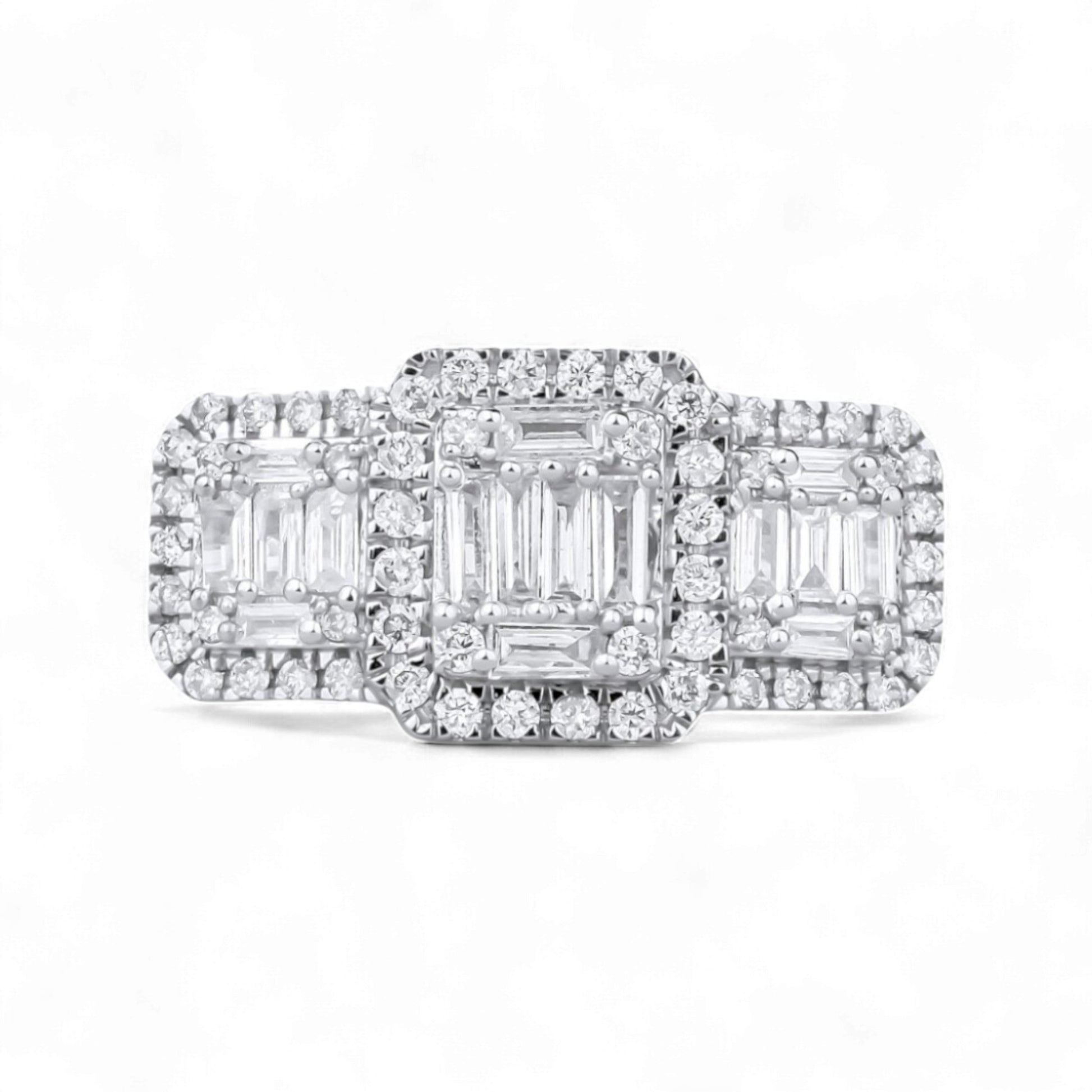 Diamond ring with emerald-cut center stone and halo on a white background