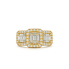 Gold ring with emerald-cut diamonds on a white background