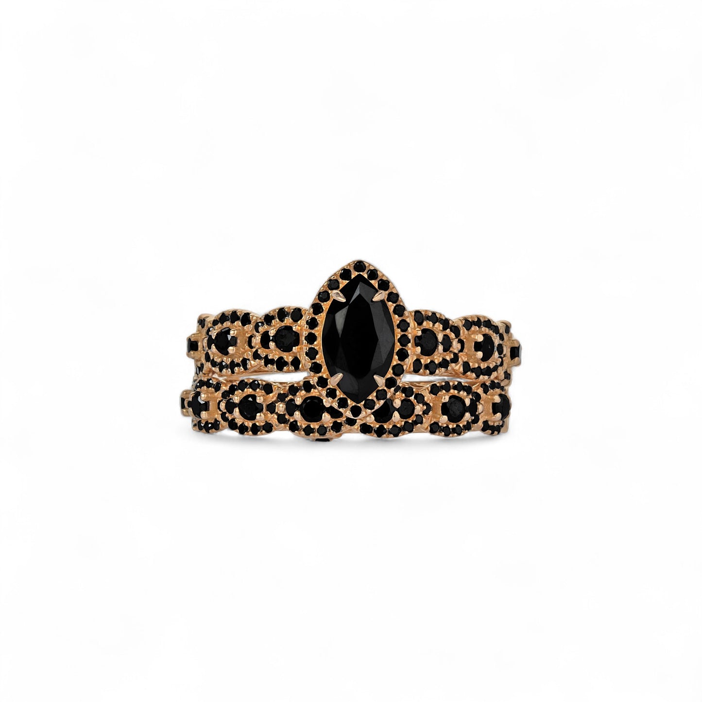 Ruby Marquise Cut Black Diamond Cluster Bride Set in 18K Gold