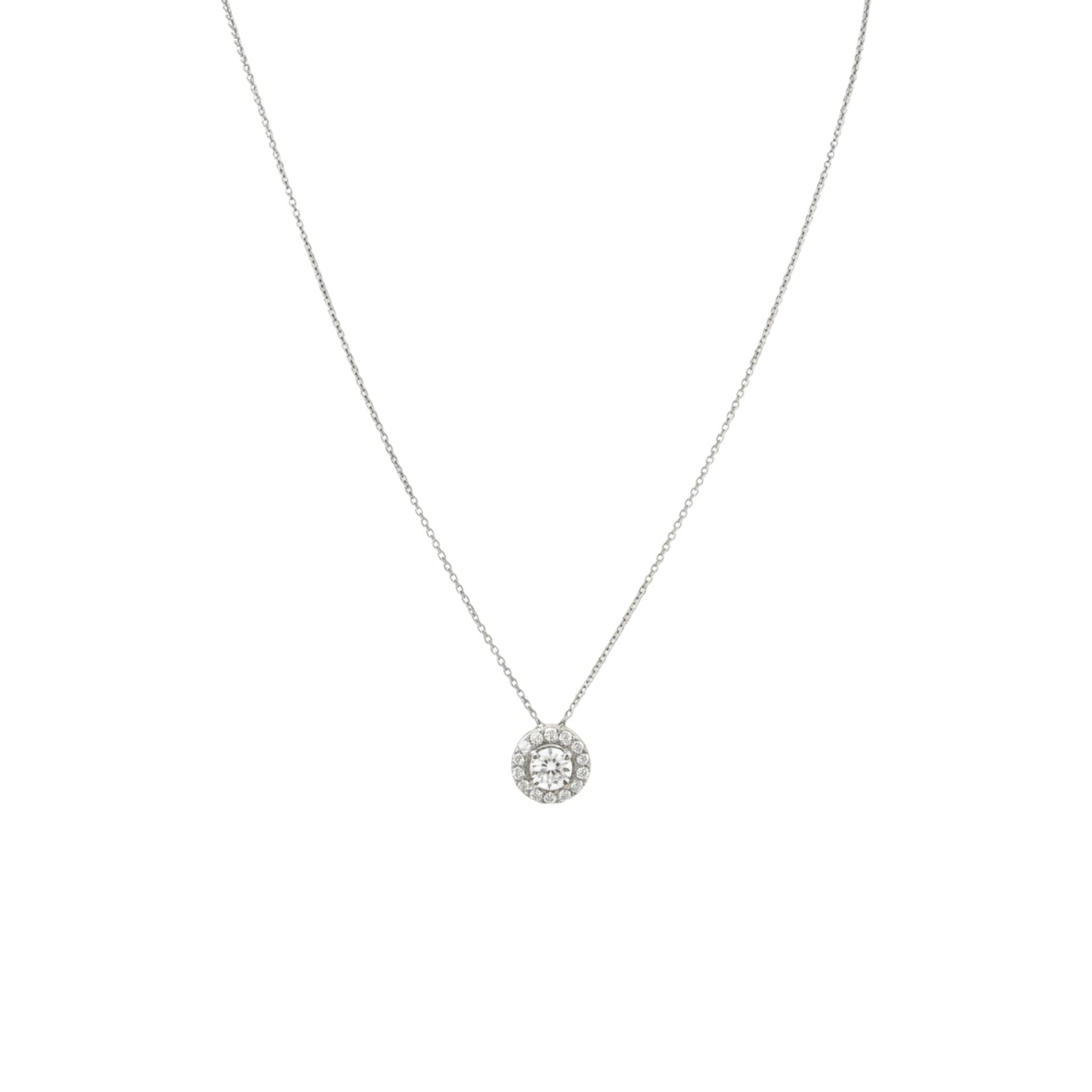 Single Halo Solitaire round cut moissanite necklace in 925 sterling silver with rhodium plating
