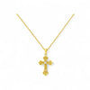 Gold cross pendant necklace on a white background