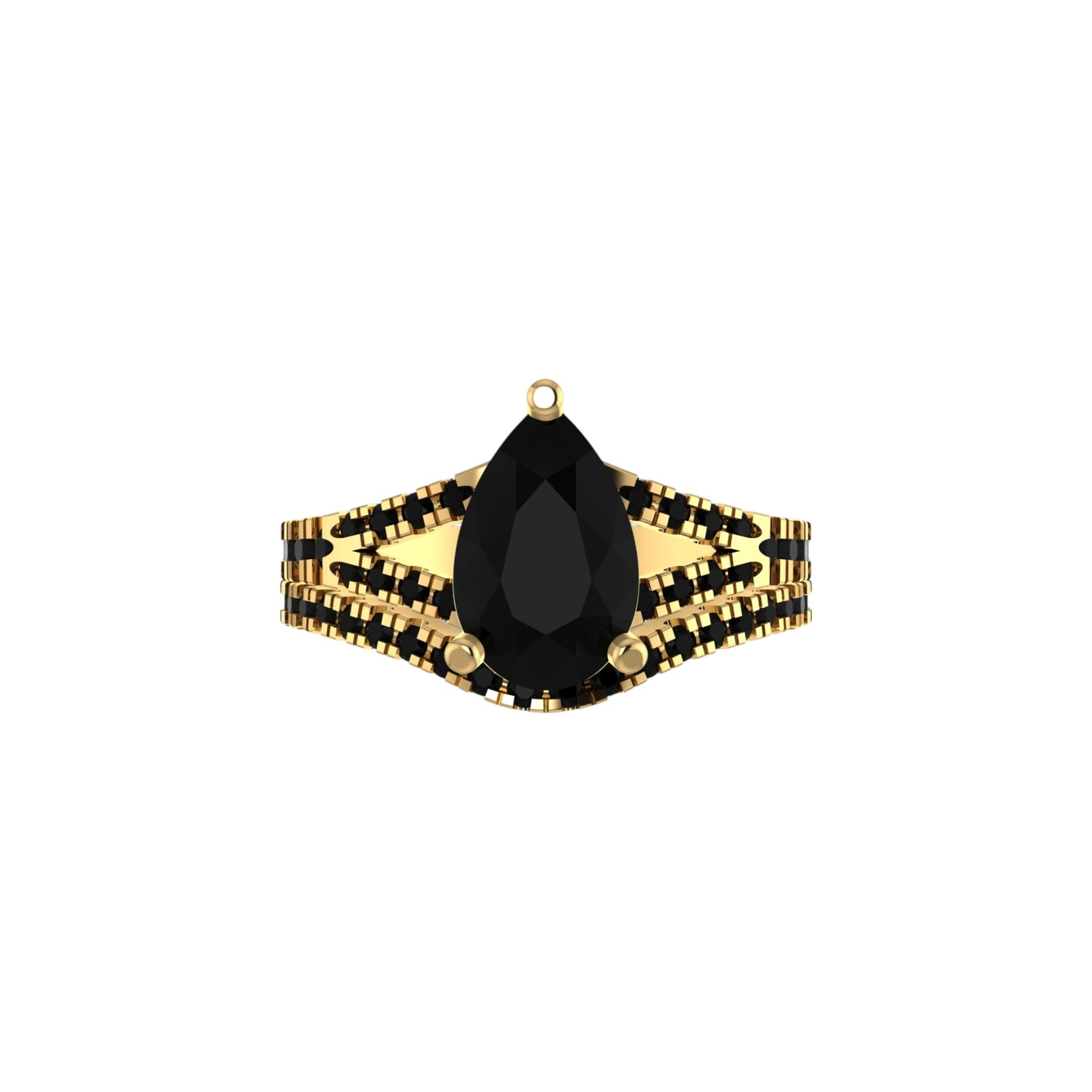 Gold ring with a black teardrop-shaped gemstone on a white background