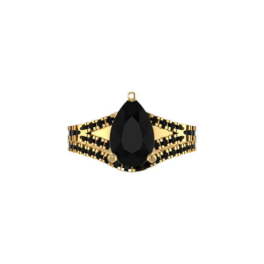 Gold ring with a black teardrop-shaped gemstone on a white background