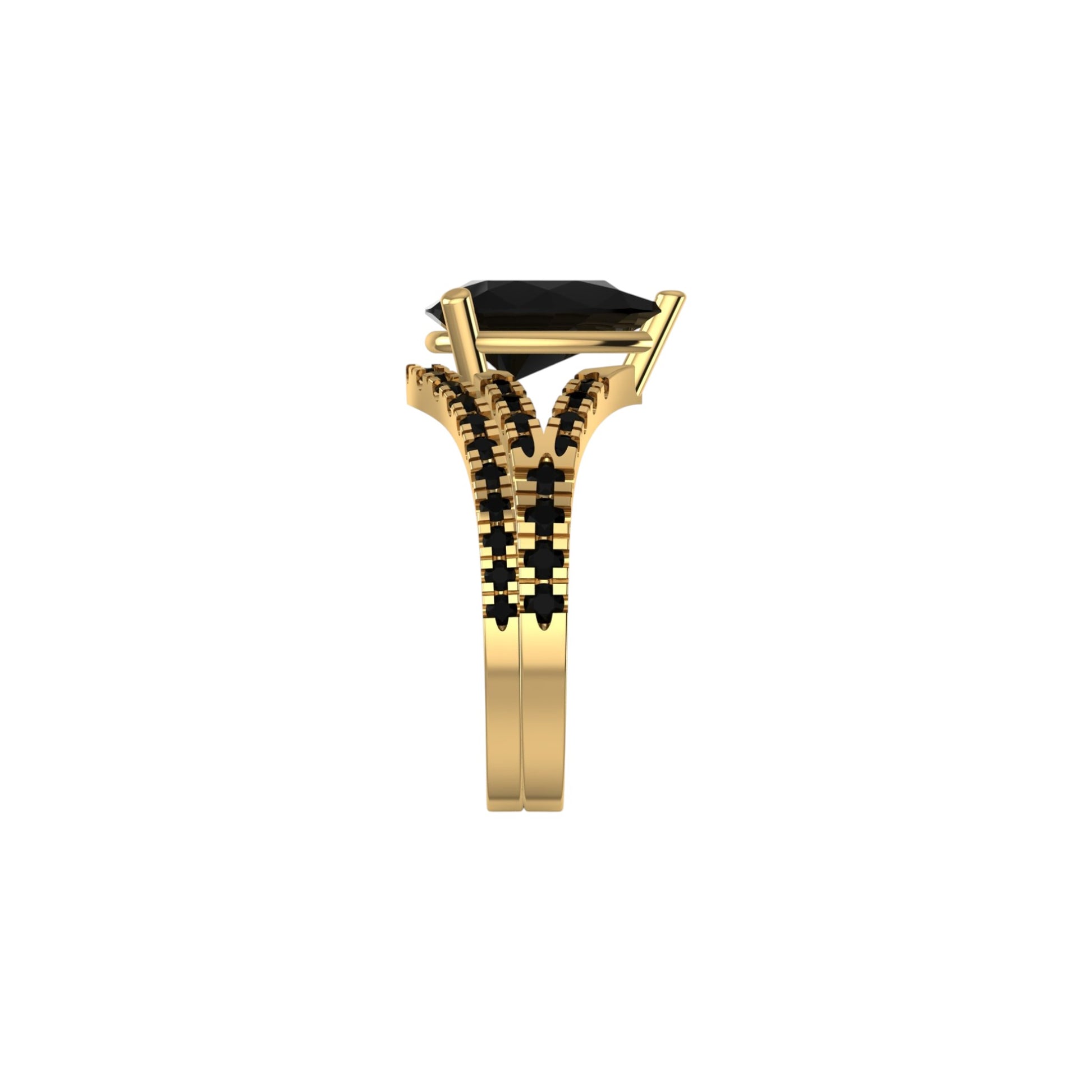 Gold ring with a black gemstone on a white background