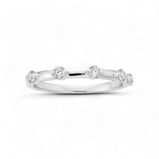 Silver ring with small diamonds on a white background