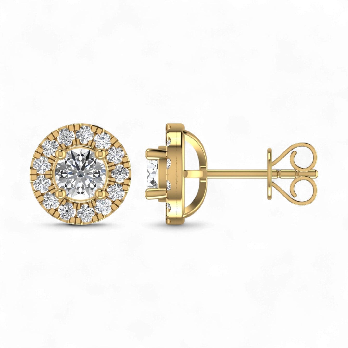 Gold earrings with diamond accents on a white background