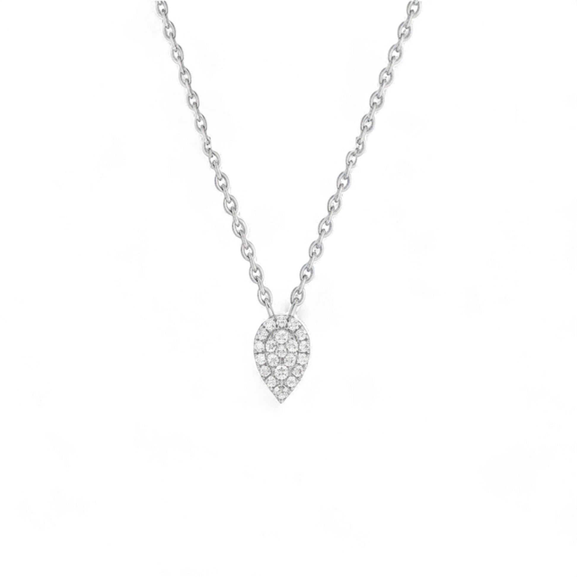 Silver necklace with a teardrop-shaped diamond pendant on a white background