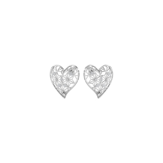 Heart-shaped silver earrings on a white background