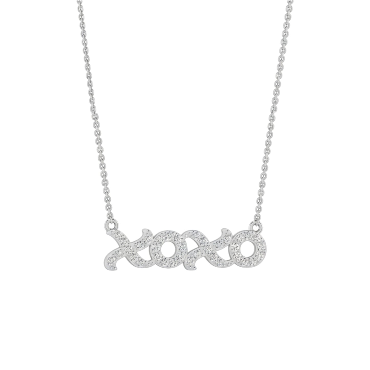 Silver 'XOXO' necklace on a white background