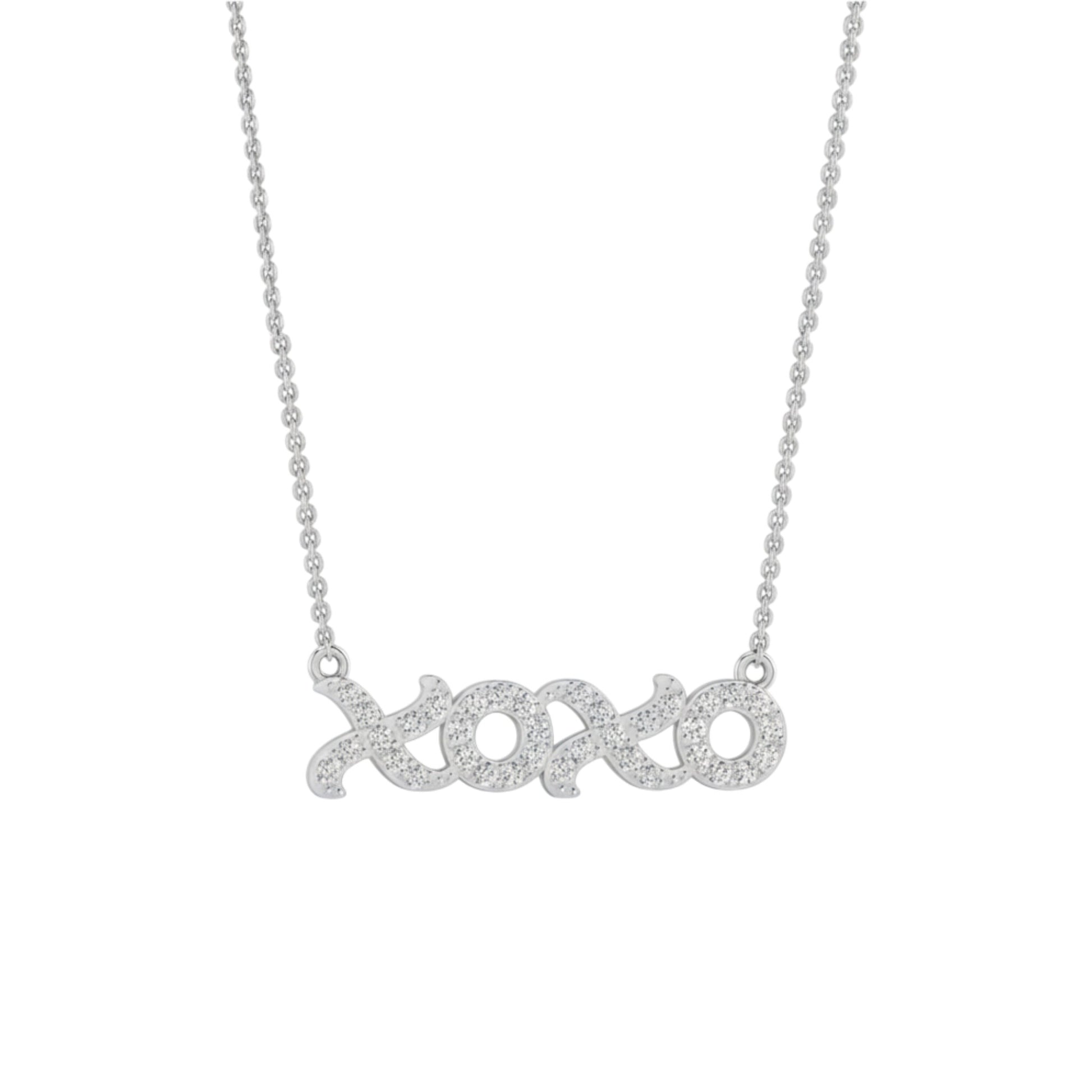 Silver 'XOXO' necklace on a white background