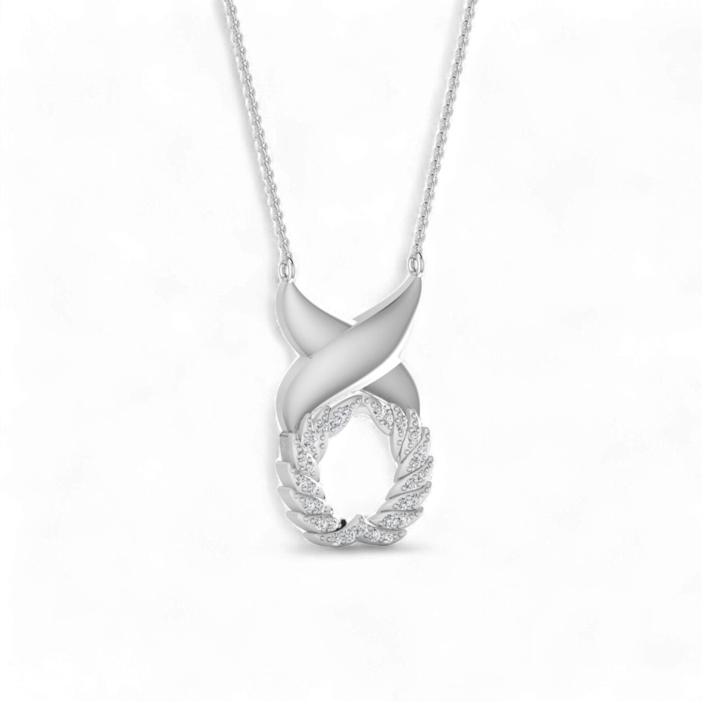 Silver necklace with an infinity symbol pendant on a white background