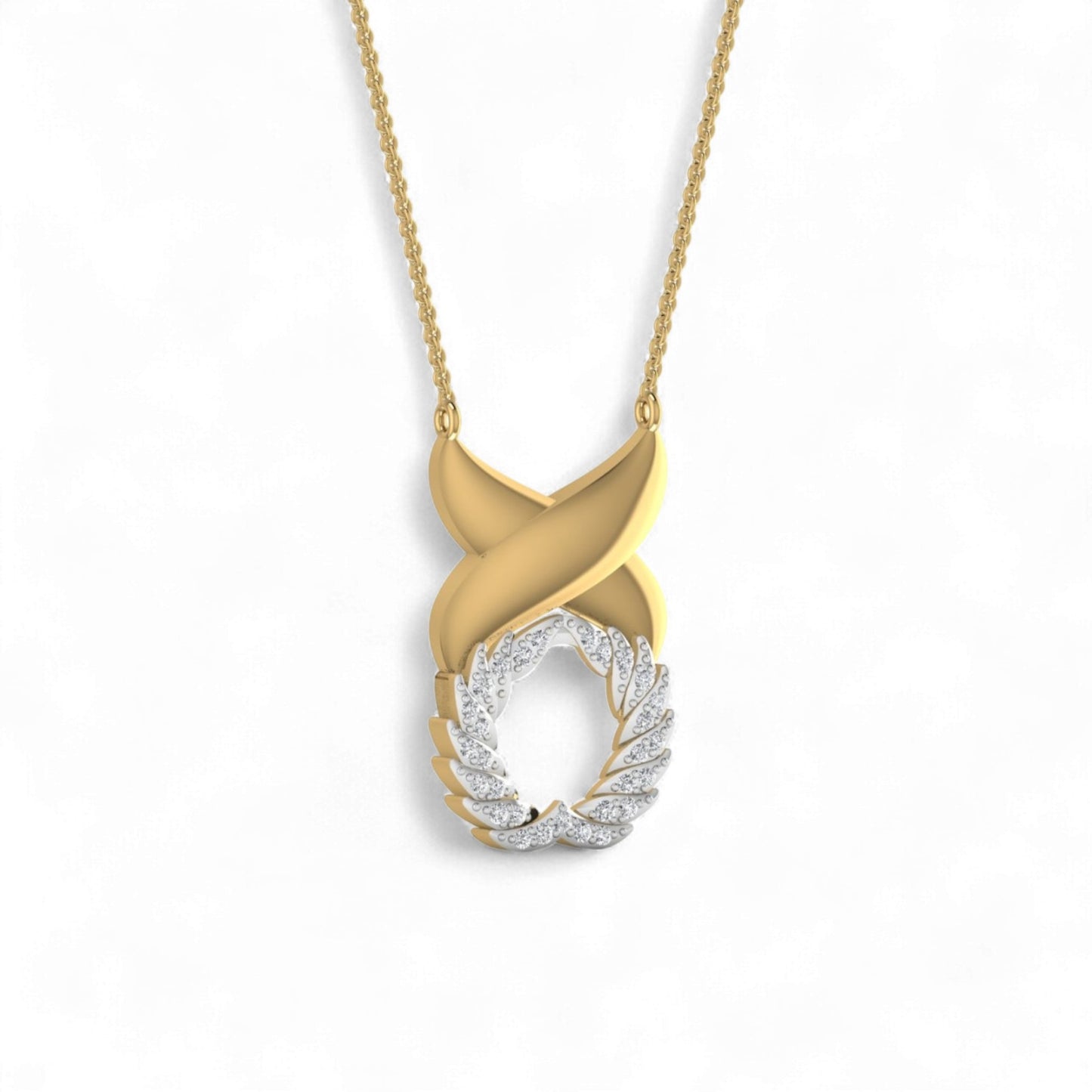 Gold necklace with a unique pendant design on a white background