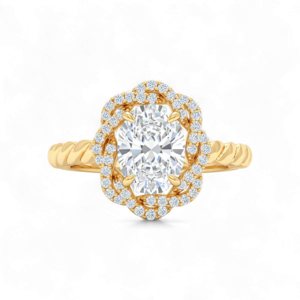Gold ring with a large diamond and smaller diamonds around on a white background