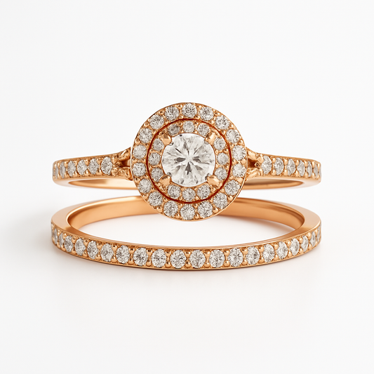 Rose gold ring with diamond accents on a white background