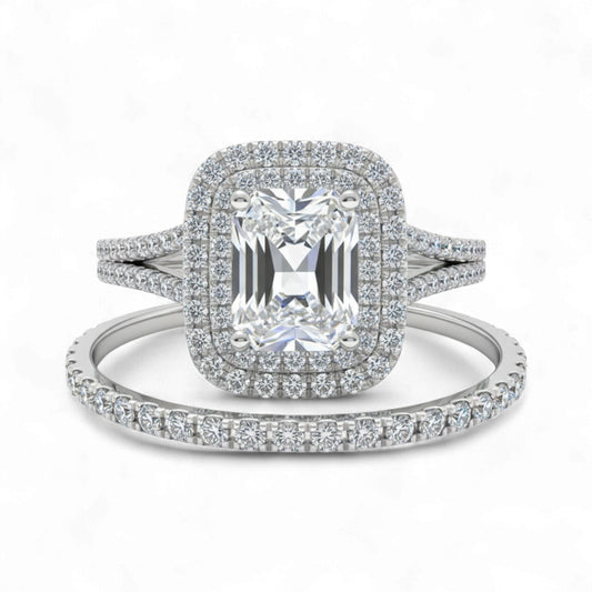 Diamond ring with a central gemstone and smaller diamonds on a white background
