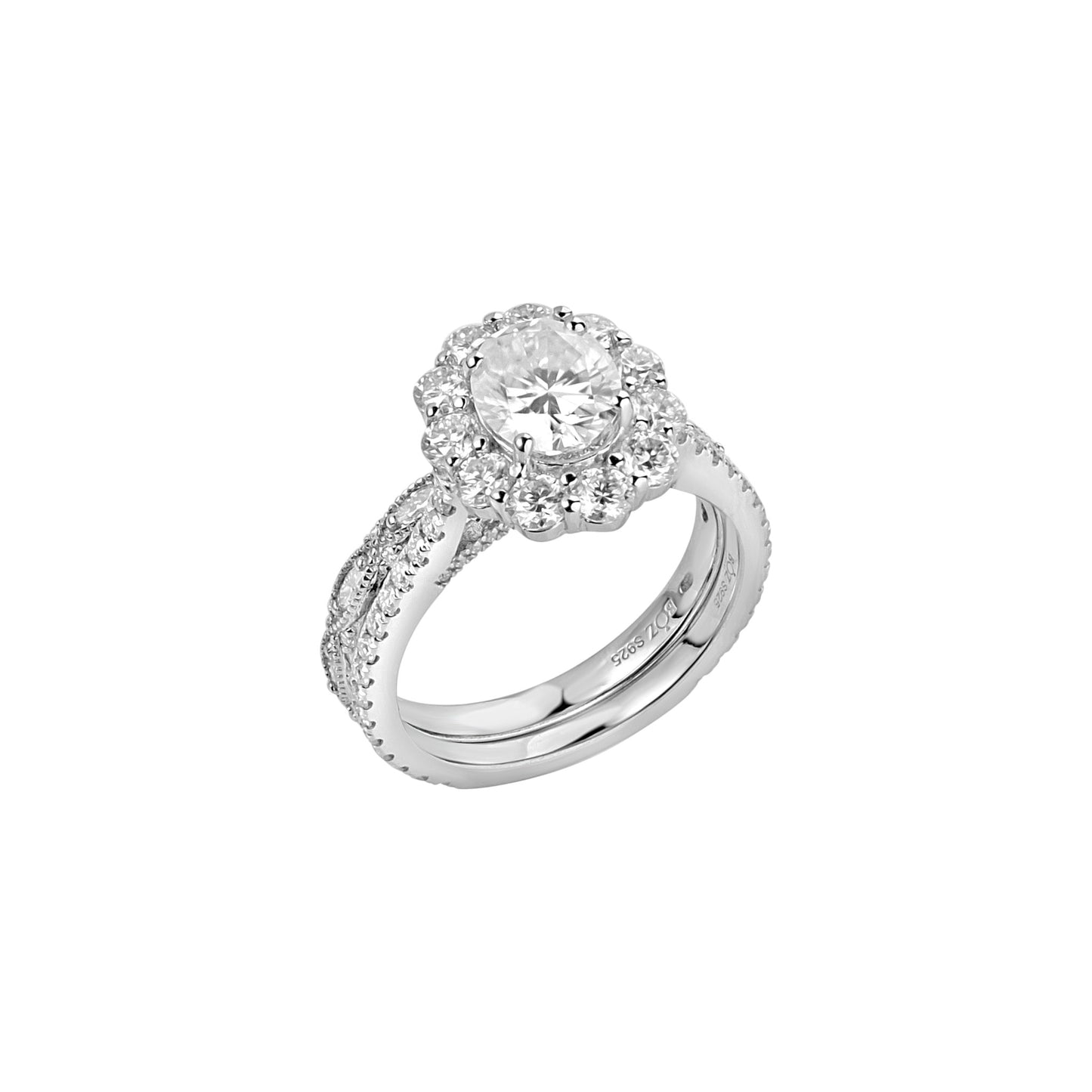 Silver ring with a diamond on a white background